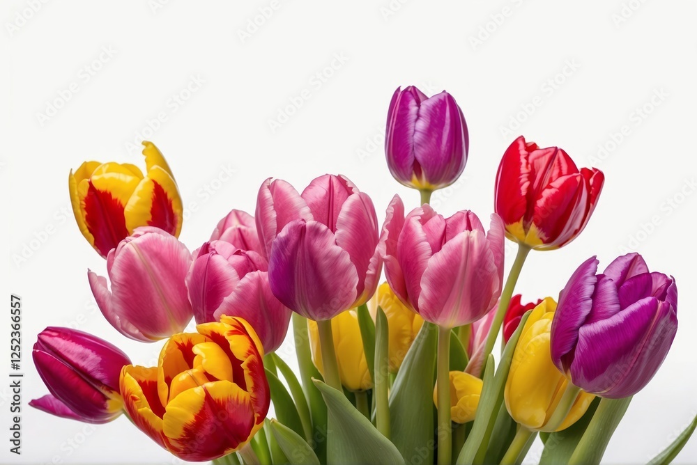 A brilliant, colorful view of fresh spring tulips isolated on a white background. A brilliant, colorful view of fresh spring tulips isolated on a white background.
