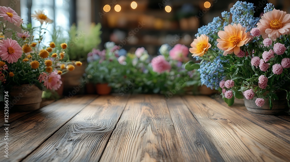 Fototapeta premium Light oak wooden surface with blurred flower shop featuring pastel floral arrangements