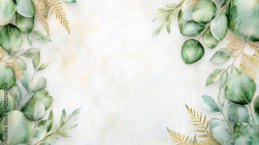 Fototapeta premium Soft and Delicate Eucalyptus Leaves with Golden Twigs. Generative AI