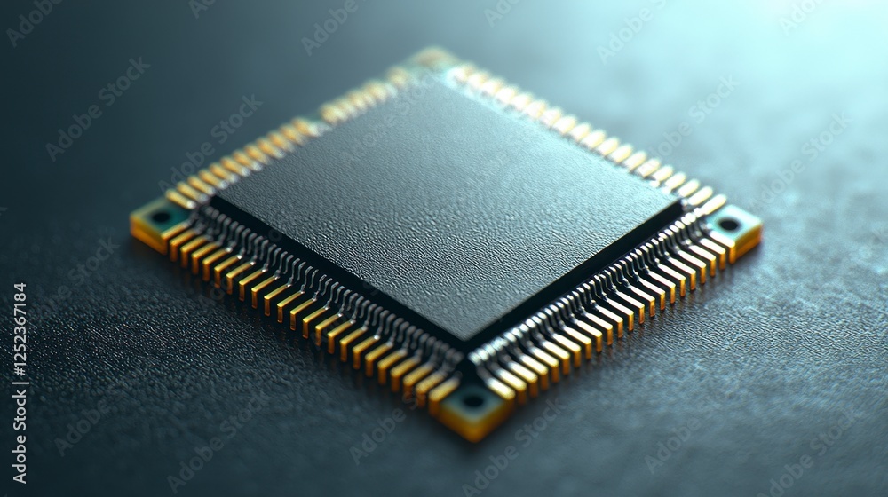 High-resolution close-up of a microchip, its intricate gold pins and dark surface detailed against a subtly textured backdrop. Dus High-resolution close-up of a microchip, its intricate gold pins and dark surface detailed against a subtly textured backdrop. Dus