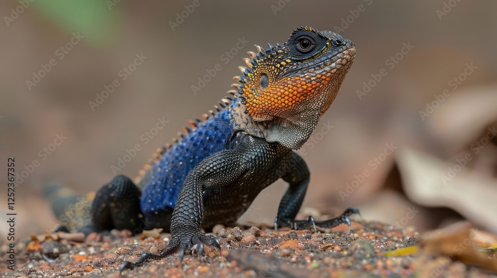 Colorful lizard basking on the ground in a natural habitat surrounded by foliage Colorful lizard basking on the ground in a natural habitat surrounded by foliage
