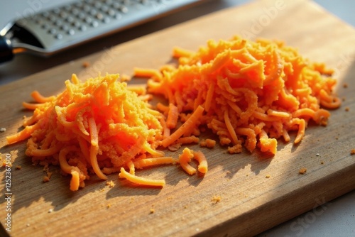 Sunlit piles of finely grated orange root vegetable on a wooden board