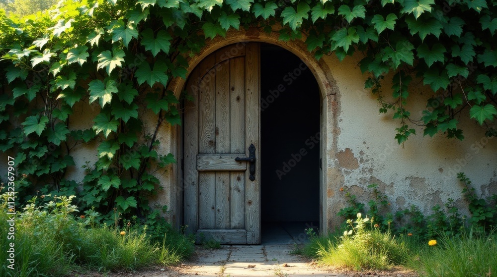 A weathered arched doorway partially concealed by verdant climbing plants, hinting at mystery and secrets within