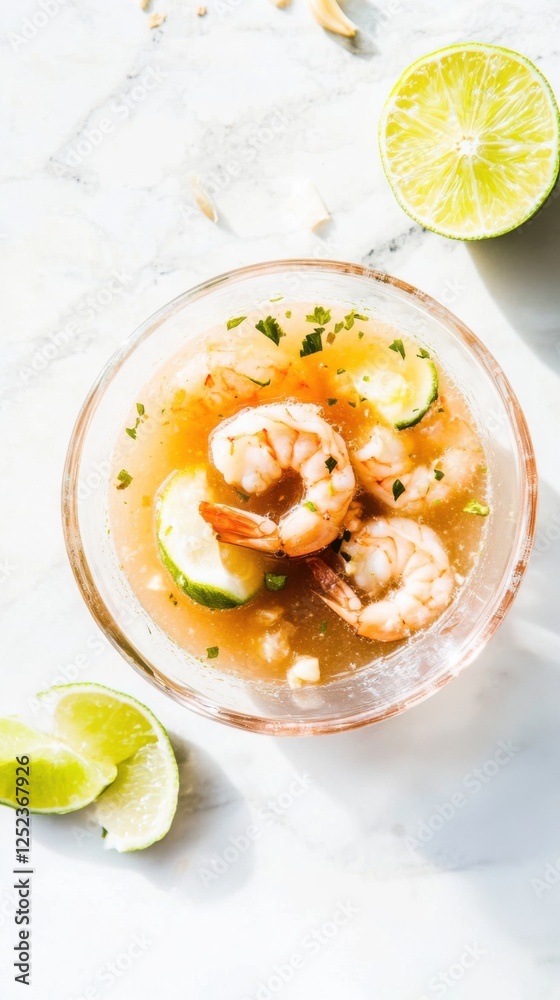 Delicate golden shrimp broth with garlic and lime accents Delicate golden shrimp broth with garlic and lime accents