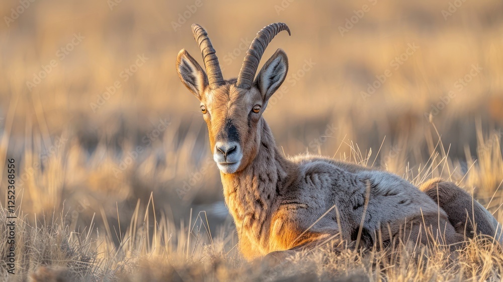 A serene gazelle resting in golden grasslands during sunset, showcasing natural beauty A serene gazelle resting in golden grasslands during sunset, showcasing natural beauty