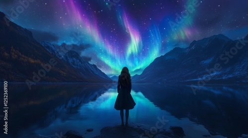 Astonishing Woman Standing on a Rock Gazing at the Vibrant Aurora Borealis Illuminating the Night Sky with Brilliant Colors Creating a Magical and Inspiring Natural Scene in the Wilderness