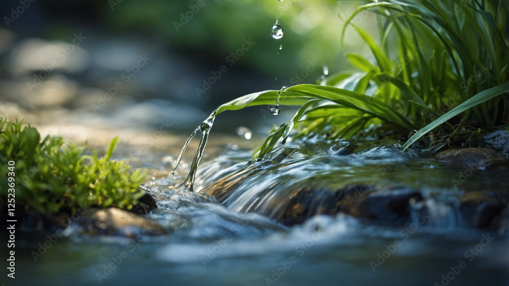 Captivating close-up of fresh water flowing over lush green plants and rocks Captivating close-up of fresh water flowing over lush green plants and rocks
