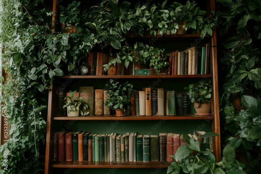 Books on bookshelf amidst lush plants for study, education, and relaxation Books on bookshelf amidst lush plants for study, education, and relaxation