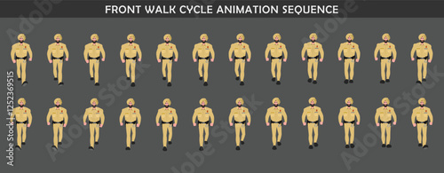 Police Officer Character walk cycle animation sequence. Front walk frame by frame animation sprite sheet.