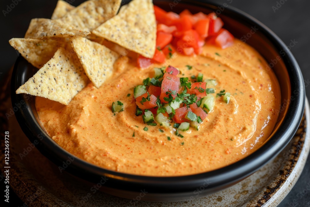 Appetizing bowl of hummus with chips and vegetables on plate, for dining guide Appetizing bowl of hummus with chips and vegetables on plate, for dining guide