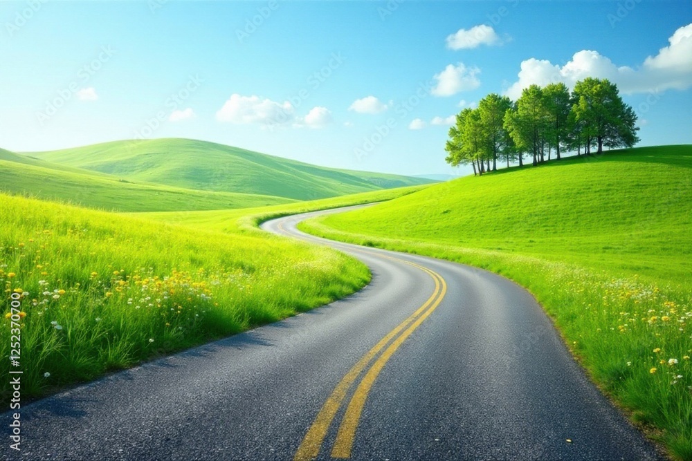 Serene Winding Road Through Lush Green Meadows Under a Summer Sky Serene Winding Road Through Lush Green Meadows Under a Summer Sky