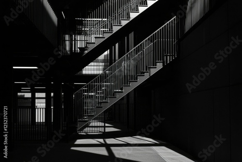 Modern stairs ascend in a building's geometric, minimalist interior architecture