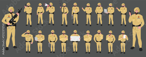 
Police Officer Character Design Model Sheet. Man, Character design. Front, side, back view and explainer animation poses. Character set with lip sync and facial expressions of Happy, angry, sad, Joy.