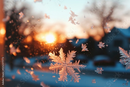 Snowflake patterns stick to window during winter sunset near homes. Advertising use photo