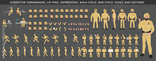 
Police Officer Character Design Model Sheet. Man, Character design. Front, side, back view and explainer animation poses. Character set with lip sync and facial expressions of Happy, angry, sad, Joy.