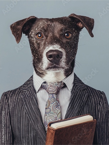 A dog dressed in a suit and tie holds a book, presenting a humorous and anthropomorphic take on professionalism.