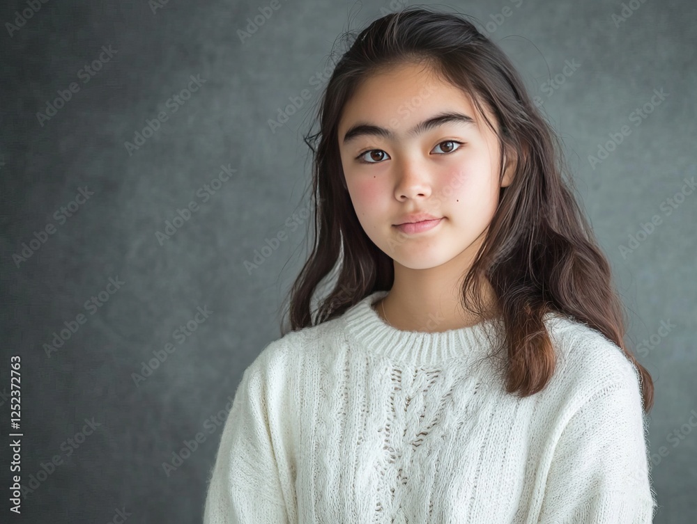 Serious Japanese high school girl in white sweater, standing pose, upper body portrait against a gray wall backdrop. Serious Japanese high school girl in white sweater, standing pose, upper body portrait against a gray wall backdrop.