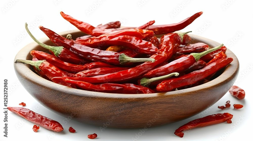 Dried chilies bowl, white background, food Dried chilies bowl, white background, food