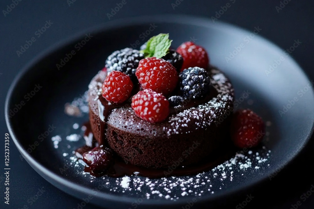 Chocolate cake with berries and mint on a black plate for dessert menu design Chocolate cake with berries and mint on a black plate for dessert menu design