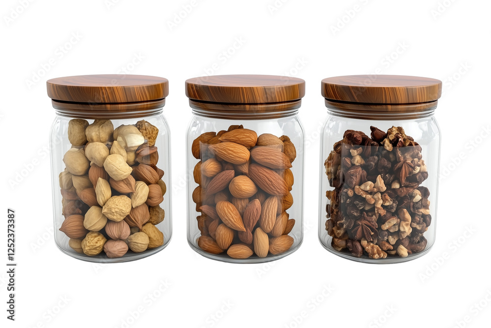 a glass jars with different spices and nuts inside isolated on a transparent background a glass jars with different spices and nuts inside isolated on a transparent background