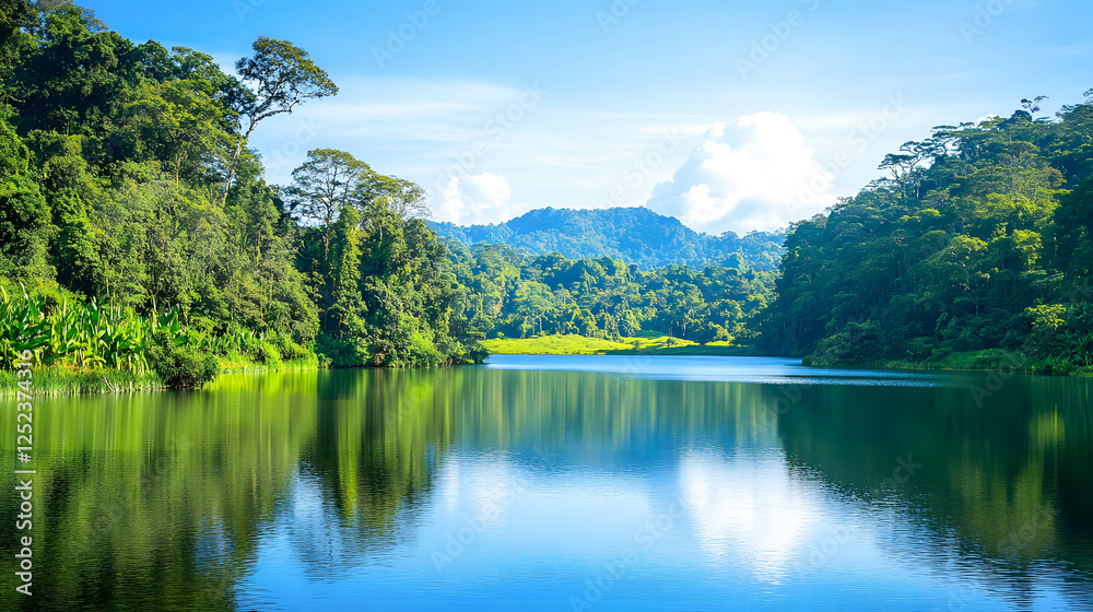 Serene View of Lush Forest and Tranquil Lake Under Clear Skies Serene View of Lush Forest and Tranquil Lake Under Clear Skies