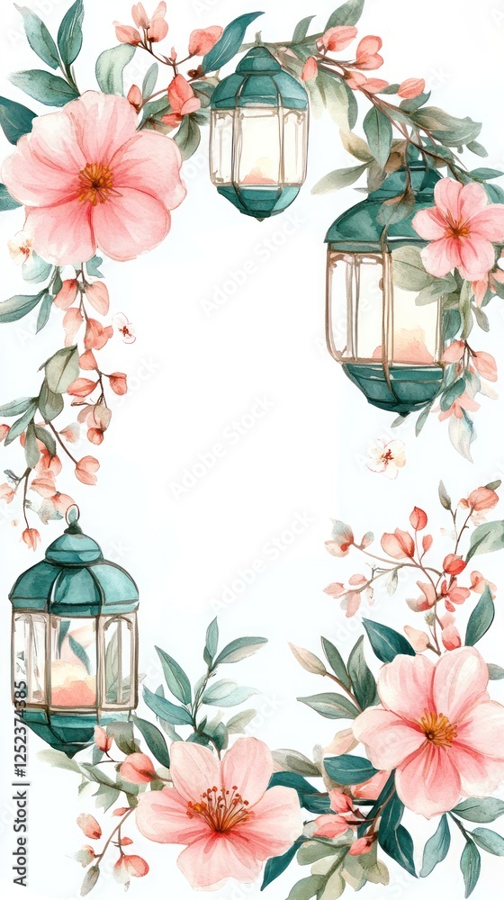 Obraz premium Floral Lantern Frame, Spring, White Background, Invitation Design