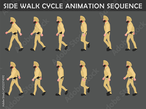 Police Officer Character walk cycle animation sequence. Side walk frame by frame animation sprite sheet.