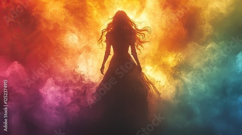 Woman in Dress Stands Amidst Colorful Smoke