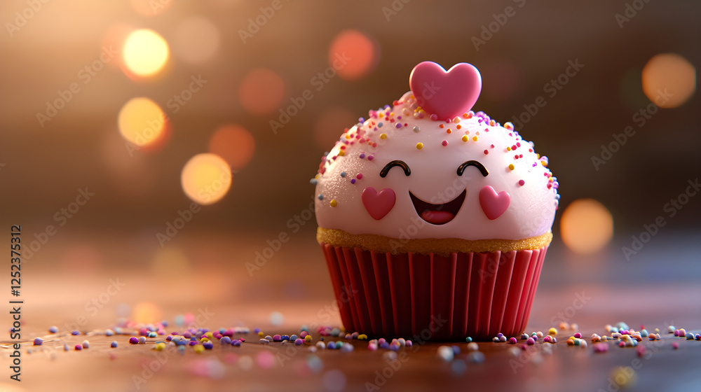 A smiling cupcake with heart-shaped frosting and sprinkles A smiling cupcake with heart-shaped frosting and sprinkles