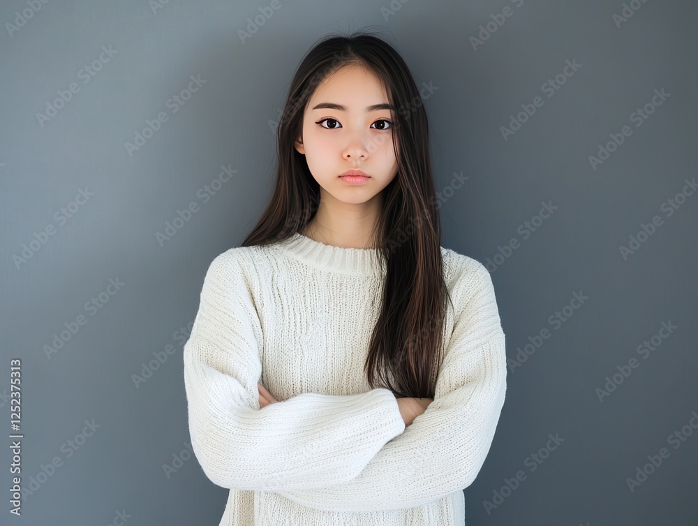 Obraz premium Serious Japanese high school girl in white sweater, standing pose, upper body portrait against a gray wall backdrop.