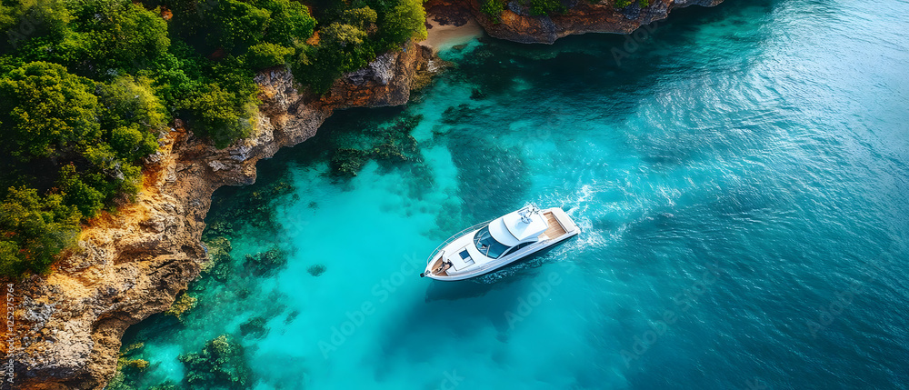 Yacht cruising turquoise cove, aerial Yacht cruising turquoise cove, aerial