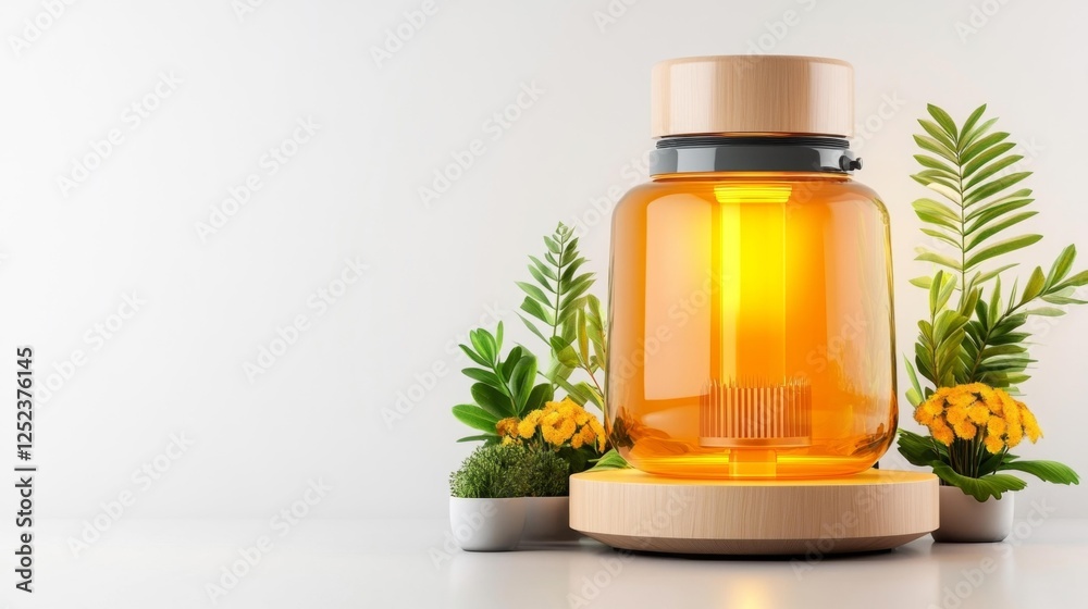 Modern Aromatherapy Diffuser with Vibrant Orange Glow and Green Plants on White Background. Generative AI Modern Aromatherapy Diffuser with Vibrant Orange Glow and Green Plants on White Background. Generative AI