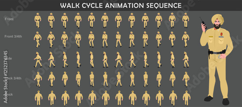 Police Officer Character walk cycle animation sequence. Front walk, Sude walk, Back walk, Front three fourth, back three fouth walking frame by frame animation sprite sheet.