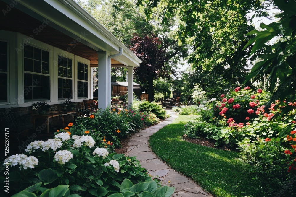 Obraz premium Scenic stone path leads to cozy house surrounded by blooming flowers, greenery