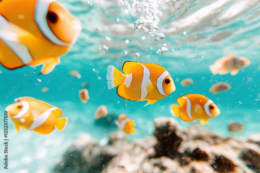 Fototapeta premium Clownfish swim in the ocean near coral reef, used in marine life education