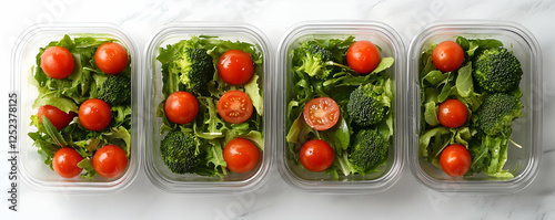 Four prepped veggie salads. Healthy meal prep photo