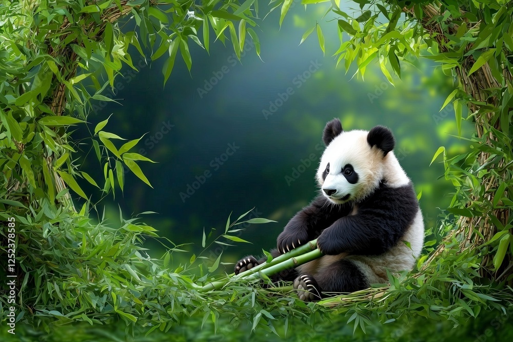 Fototapeta premium A panda relaxes among lush bamboo foliage, enjoying its meal in a serene, green environment.