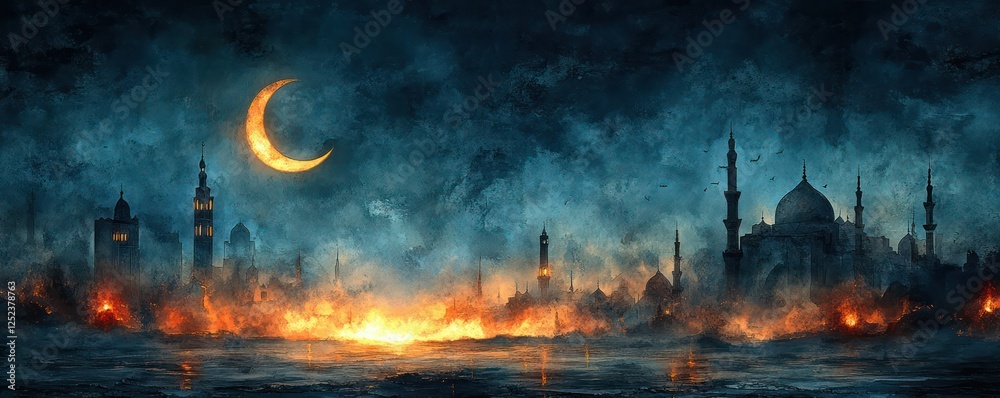 Obraz premium Burning city at night, crescent moon, fantasy