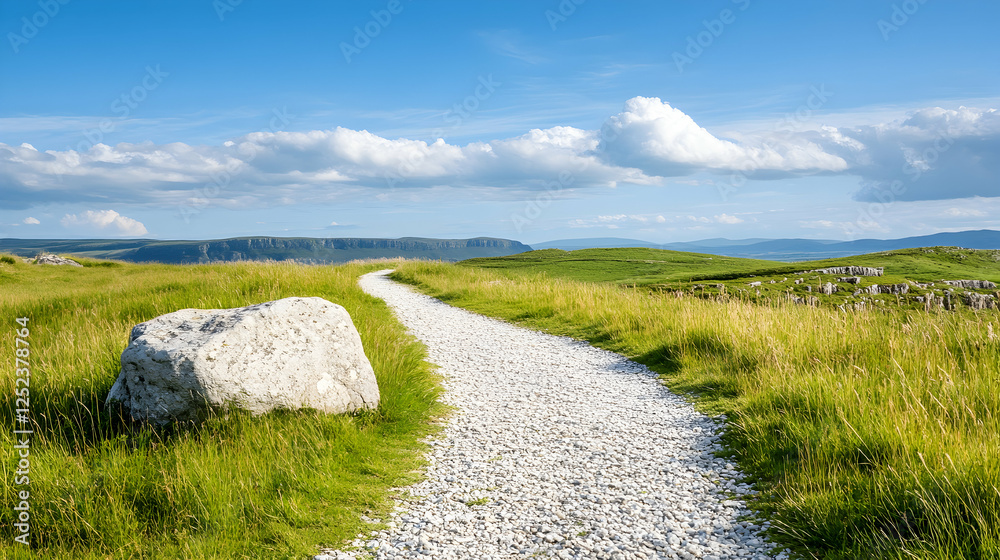 Obraz premium Sunny Pathway Through Hilly Meadow Landscape