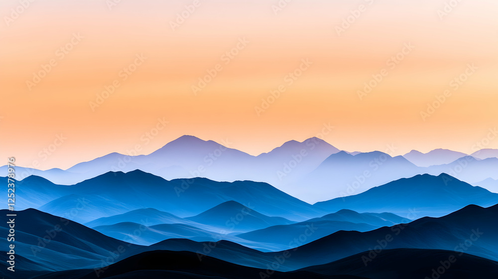 Obraz premium Sunrise over a misty mountain range; serene landscape view; peaceful scene; potentially for wallpaper or screensaver