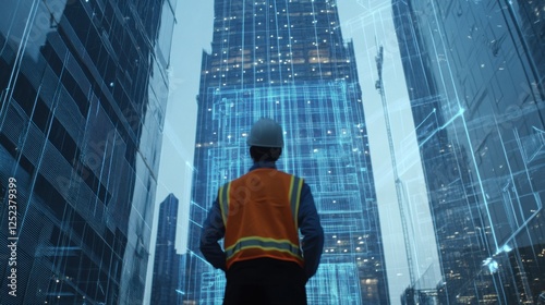 A cinematic shot of a construction manager coordinating the installation of smart building systems in a commercial skyscraper, Skyscraper construction scene, Technological advancement style