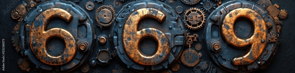 Steampunk Industrial Numbers 6 7 8 9 Made of Gears and Machinery in Close-Up