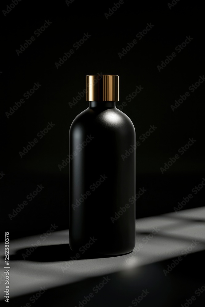 Black bottle with golden cap, product display with shadow for luxury cosmetics ads Black bottle with golden cap, product display with shadow for luxury cosmetics ads