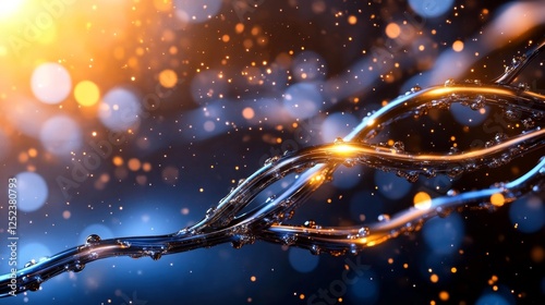 Abstract water splash with glowing lights and vibrant bokeh effect on dark background. Generative AI photo