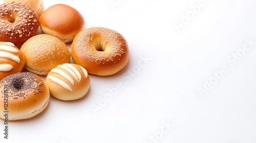 Various freshly baked bread rolls with sesame seeds and drizzled frosting on white background. Generative AI photo