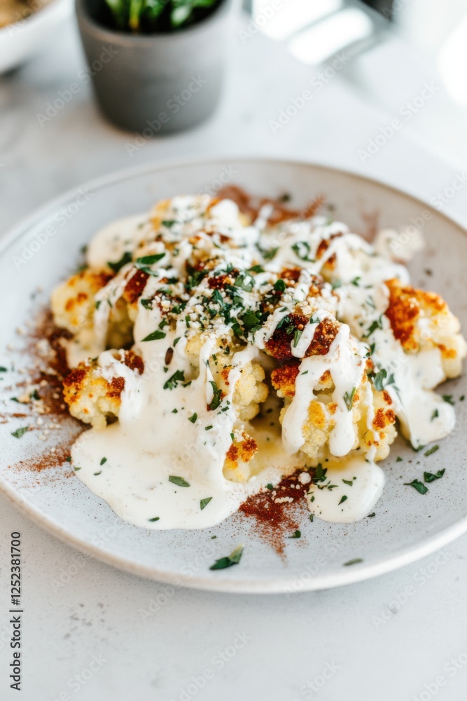 Roasted cauliflower drizzled with cheesy sauce and fresh herbs on a plate