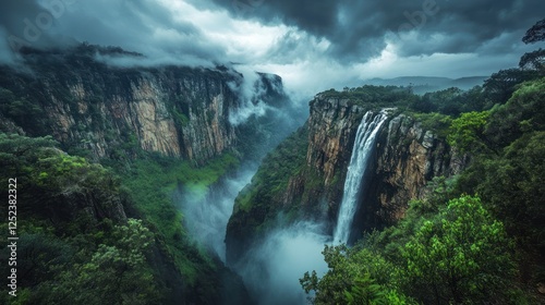 Majestic waterfall cascading down cliffs, misty valley, dramatic clouds. Nature wallpaper