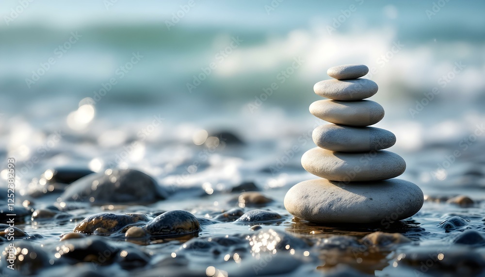 Fototapeta premium zen, stones, tall, stack, smooth, rugged, textures, wet, rocky, surface, ocean, sea, spray, waves, dynamic, background, glistening, sunlight, gentle, photorealistic, quality, serene, tranquil, harmony