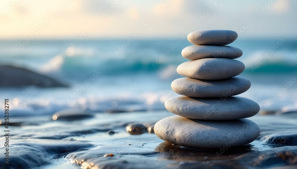 Fototapeta premium zen, stones, tall, stack, smooth, rugged, textures, wet, rocky, surface, ocean, sea, spray, waves, dynamic, background, glistening, sunlight, gentle, photorealistic, quality, serene, tranquil, harmony