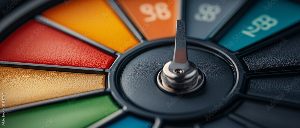 Colorful Roulette Wheel Close-Up with Pointer and Vibrant Sections Colorful Roulette Wheel Close-Up with Pointer and Vibrant Sections